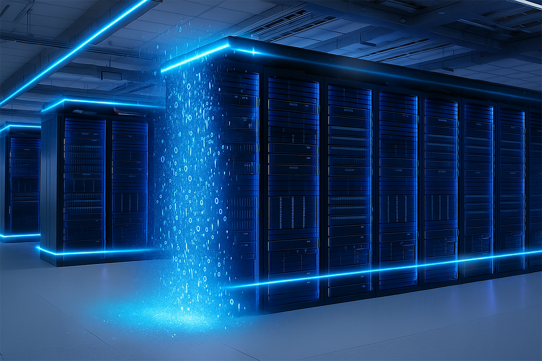 Server racks dissolving into digital bites.