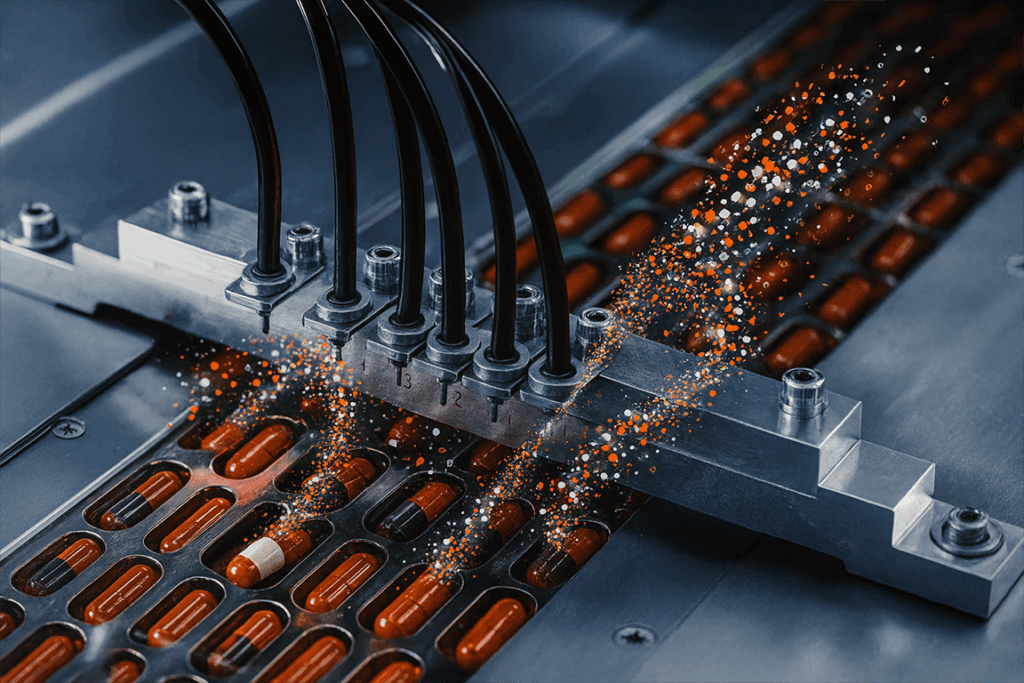 Capsules in an assembly line dissolving into bites.