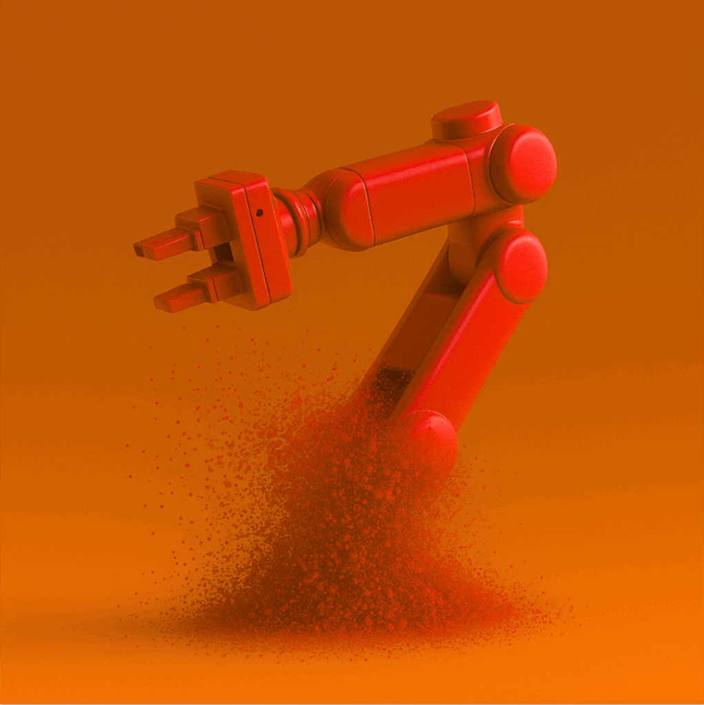 Robotic arm dissolving into bites.